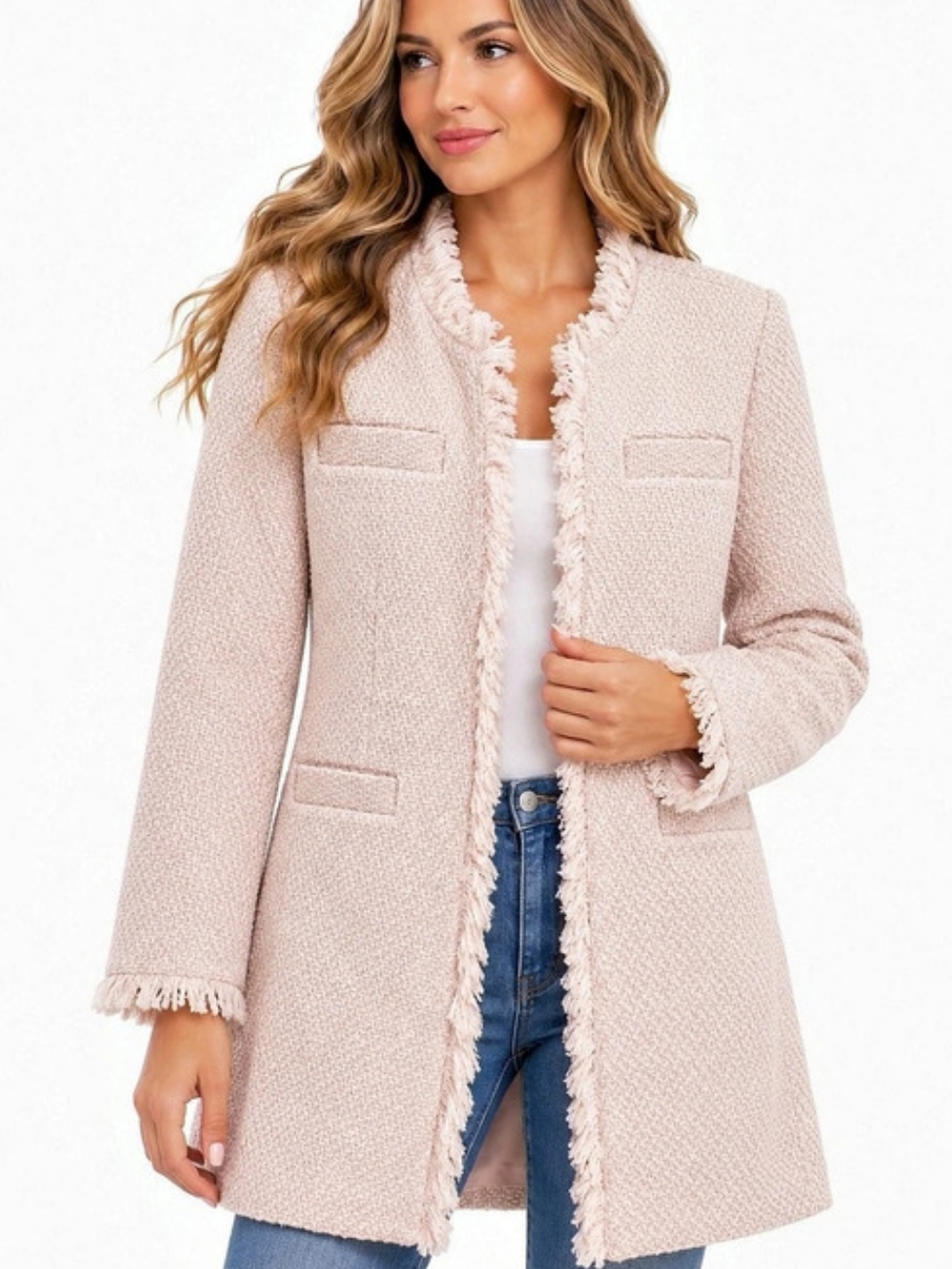 VENUS Pink Tweed Fringe Open Front Long Jacket Pink Size 6